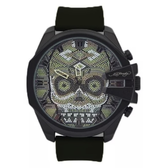 Ed Hardy Other - New in Box ED HARDY Oversized Skull Wristwatch Analog Silicon Black Green Beads